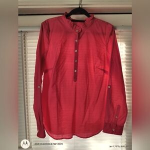 NWT isTalbots Women’s Coral  Long Sleeve Ruffle Neck Tunic Blouse Top Size Small